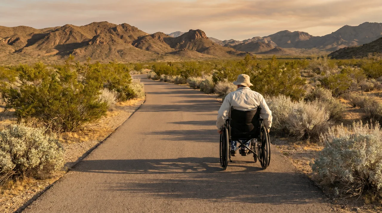 Person in a wheelchair rolling along an accessible paved path in a Las Vegas desert park