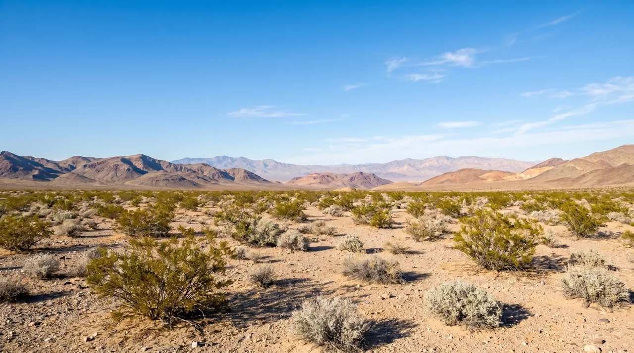 Wide open Mojave Desert landscape near Las Vegas with distant mountain ridges and clear blue sky