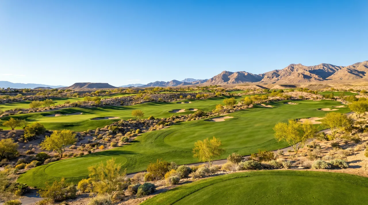 Wide view of trimmed greens and fairways on a Las Vegas desert golf course
