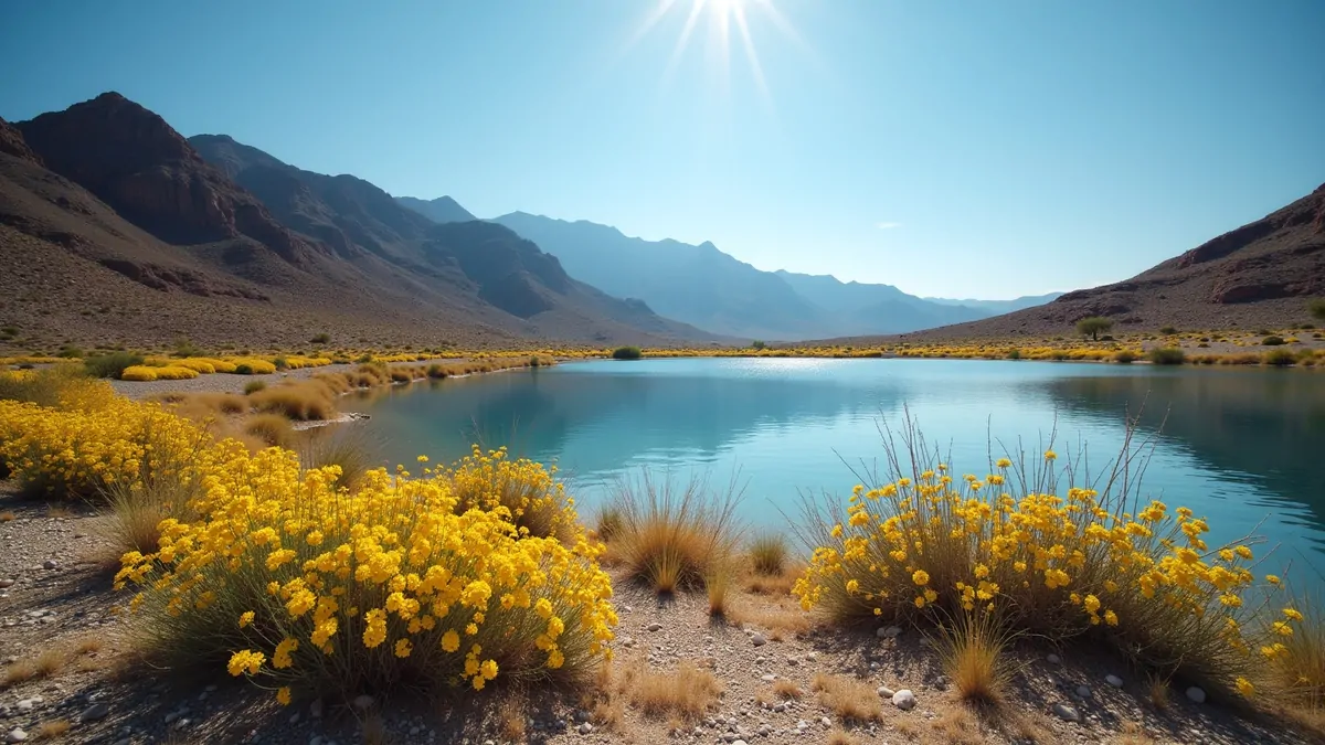 Wildflowers blooming beside a lake in the Las Vegas desert during spring.