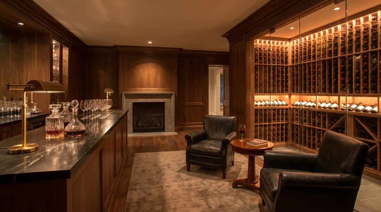 Luxury wine tasting room with leather seating, a bar, and an adjacent glass bottle display