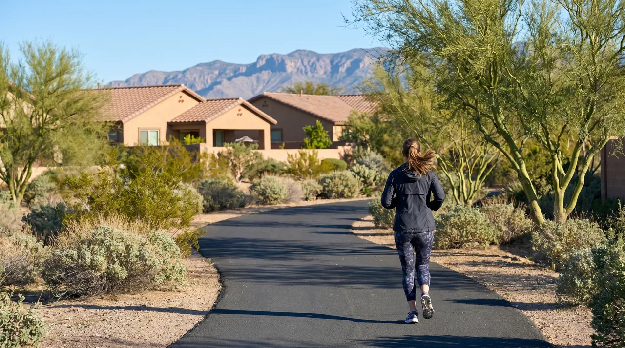 Woman jogging on a paved master-planned community trail with desert landscaping and homes