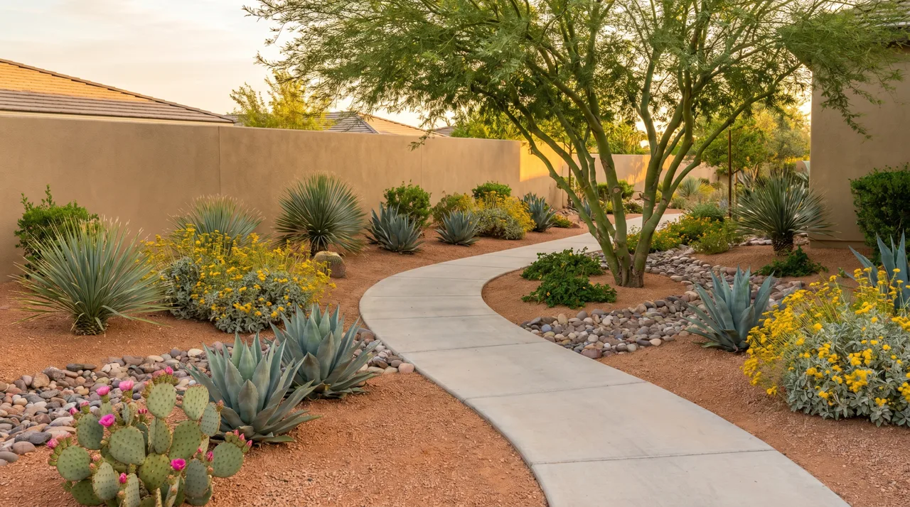 Xeriscape desert landscaping with agave yucca and decorative rock replacing traditional grass in a master-planned community