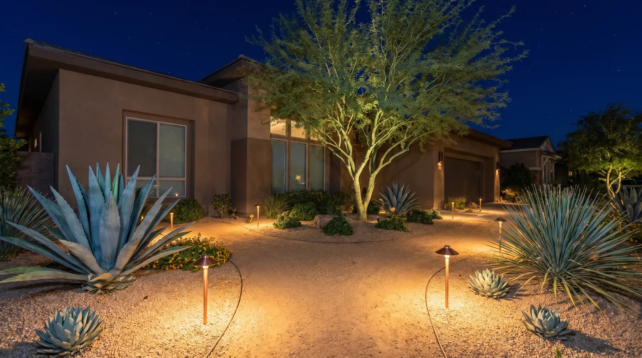 Nighttime xeriscape front yard with warm path lighting on decomposed granite and blue agaves