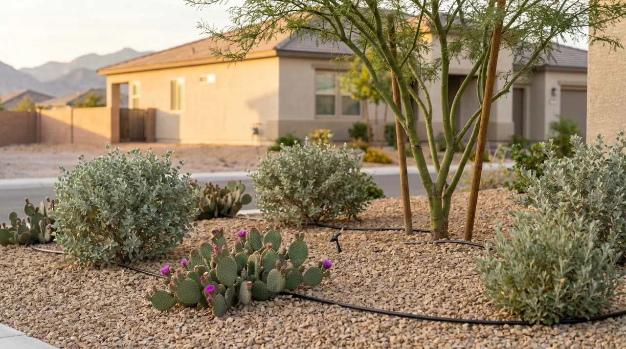 Residential xeriscape yard with desert plants, decorative gravel, and drip irrigation in a Las Vegas neighborhood
